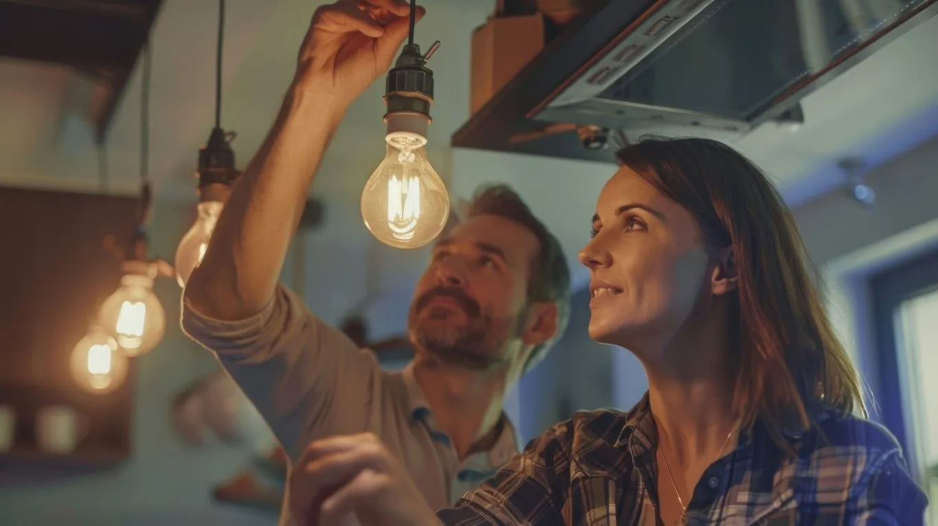Two people hang a glowing light bulb in a warm, indoor workshop.