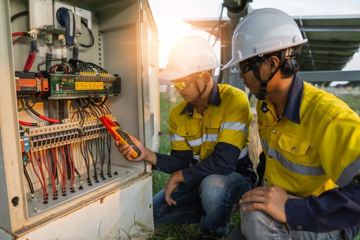 Two workers in yellow safety gear inspect an electrical panel under a bridge at sunset